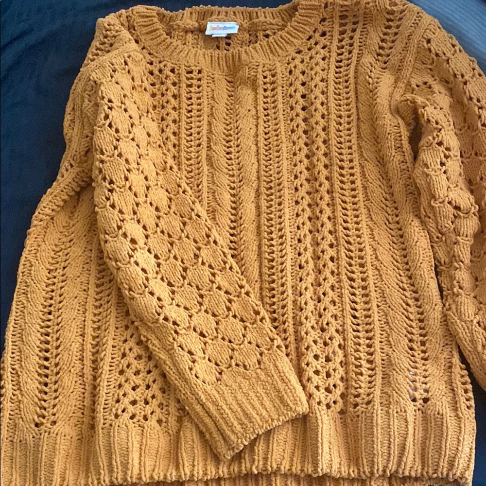 LuLaRoe Yellow Crew Neck Sweater with Intricate Knit Patterns